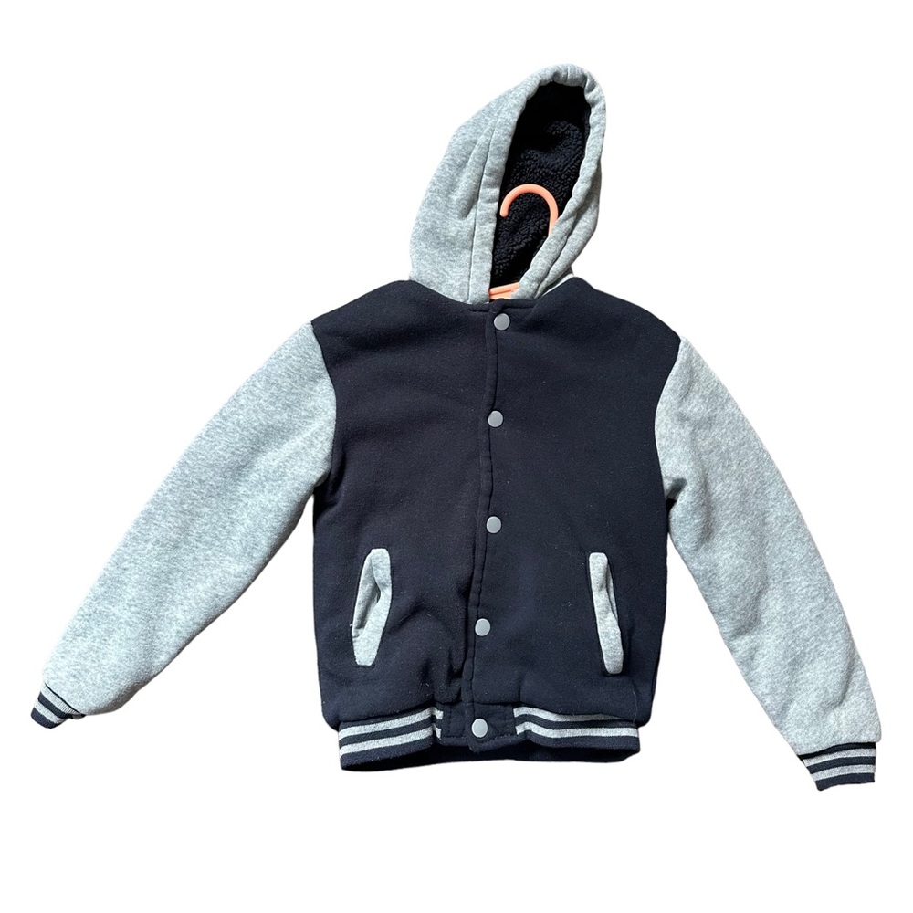 1826 Varsity 4T button up hoodie Sherpa interior blue gray color pockets kid boy